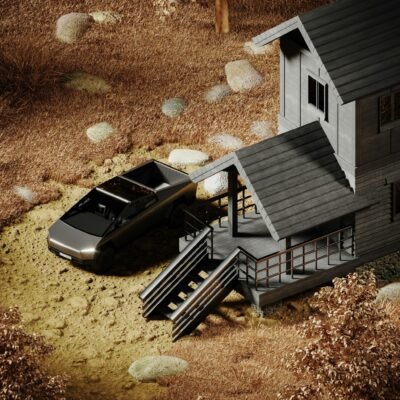 Electric car parked beside a modern wooden cabin amidst autumn foliage.