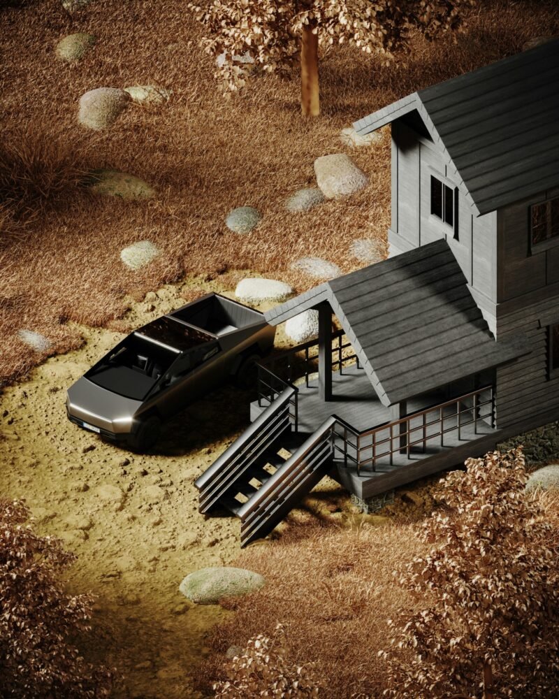 Electric car parked beside a modern wooden cabin amidst autumn foliage.